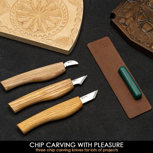 BeaverCraft S55 Wood Carving Chip Knife Set - 3 Knives Strop Compound and Tools Roll