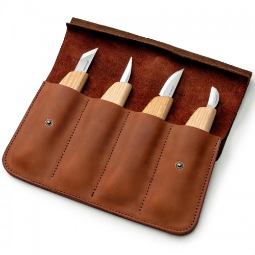 BeaverCraft S56 Wood Carving Kit with 4 Knives and Leather Tool Holder