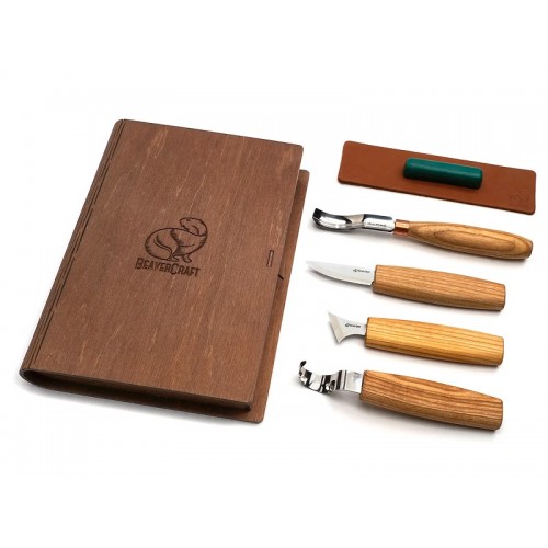 BeaverCraft S19 Gift Set - 6 Piece Wood Carving Set with Gouge In A Book Case