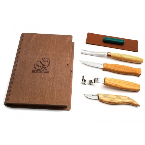 BeaverCraft S43 Gift Set - 6 Piece Spoon and Kuksa Carving Set with Gouge In A Book Case