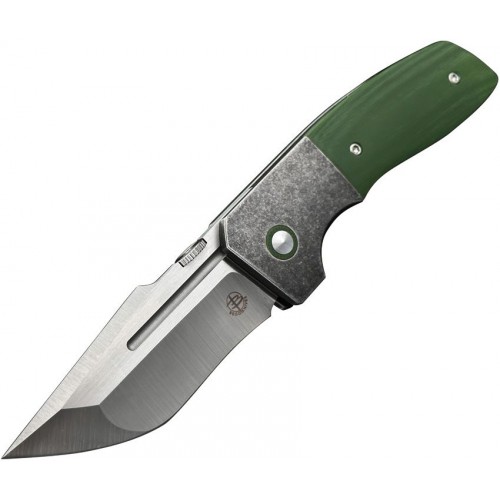 Begg One Bolster Lock Folding Knife - 3.07" VG-10 Recurve Tanto Blade Steel Handle with Green G10 Onlays