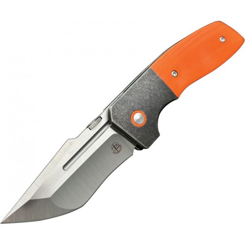 Begg One Bolster Lock Folding Knife - 3.07" VG-10 Recurve Tanto Blade Steel Handle with Orange G10 Onlays