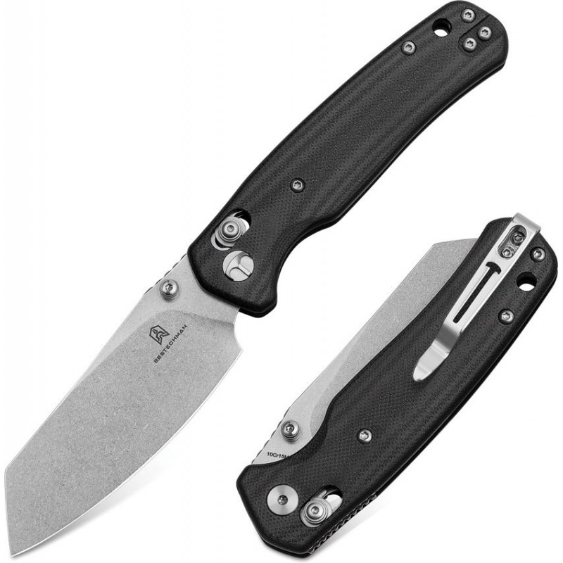Bestechman Cicadas Wing Button Lock Folding Knife - 3.13" Stainless Steel Blade Black G10 Handle