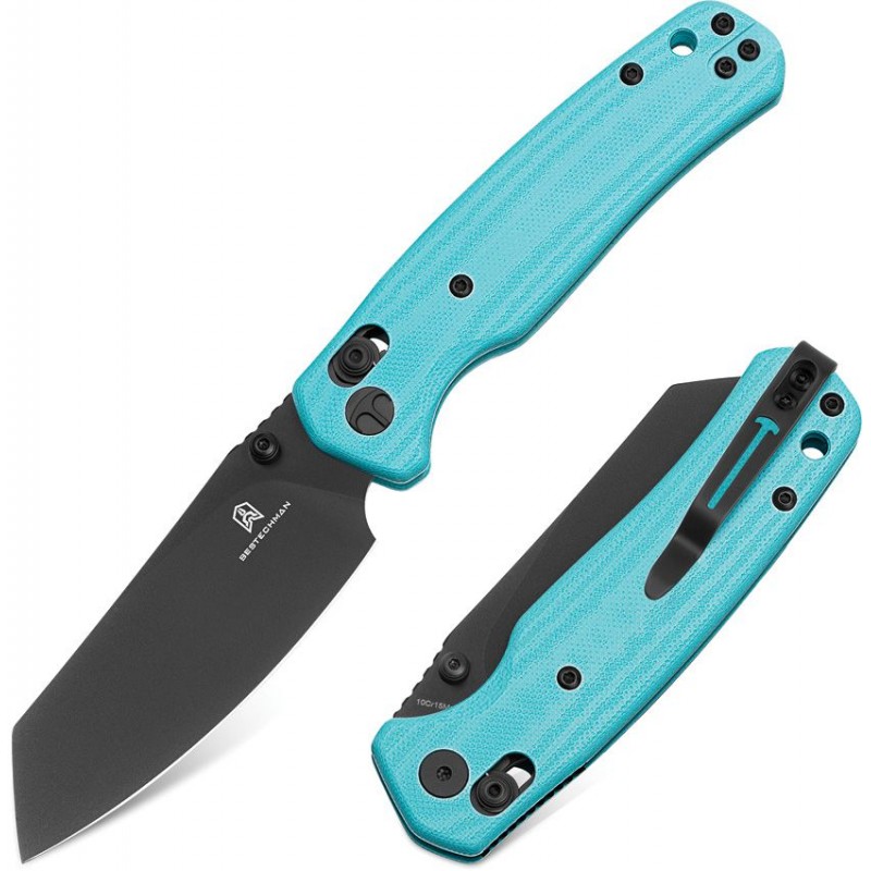Bestechman Cicadas Wing Button Lock Folding Knife - 3.13" Black Stainless Steel Blade Light Blue G10 Handle