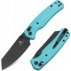 Bestechman Cicadas Wing Button Lock Folding Knife - 3.13" Black Stainless Steel Blade Light Blue G10 Handle
