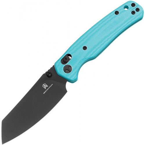 Bestechman Cicadas Wing Button Lock Folding Knife - 3.13" Black Stainless Steel Blade Light Blue G10 Handle