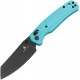 Bestechman Cicadas Wing Button Lock Folding Knife - 3.13" Black Stainless Steel Blade Light Blue G10 Handle