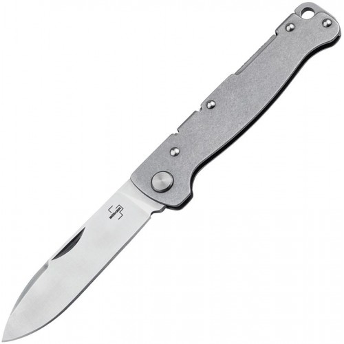 Boker Plus Atlas Backlock Pocket Knife - 2.8" Satin DP Blade, Stonewashed Stainless Steel Handle