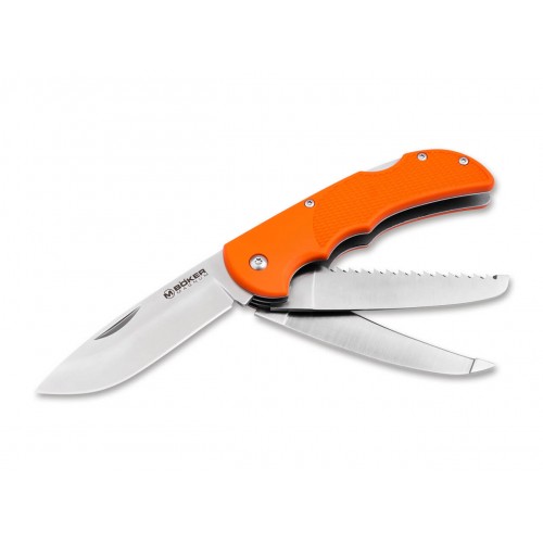 Boker HL Triple Pocket Knife with Saw -  3.3" 440C Stainless Steel Orange Handle