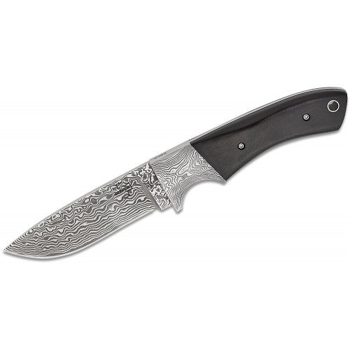 Boker M-One Damast Fixed Blade - 3.54" Damascus Blade Ebony Wood Handle with Damascus Etched Bolsters