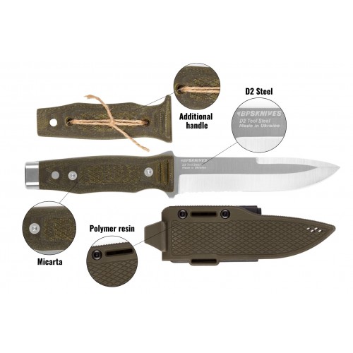 BPS Knives Kharakternyk Fixed Blade Knife - 5.71" D2 Steel Blade OD Green Micarta Handle