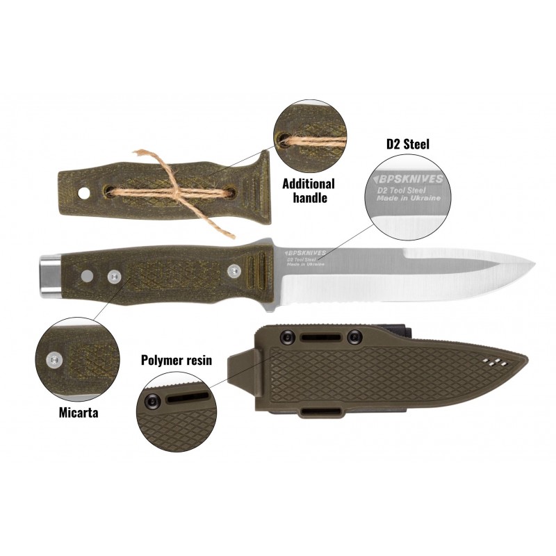 BPS Knives Kharakternyk Fixed Blade Knife - 5.71" D2 Steel Blade OD Green Micarta Handle