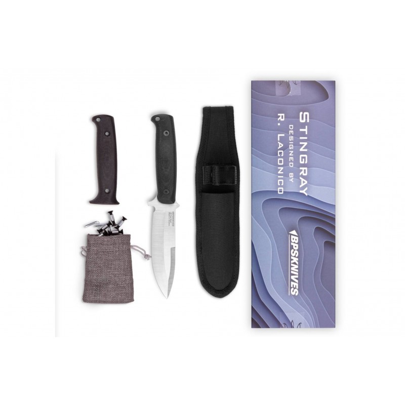 BPS Knives Stingray Fixed Blade Knife by Ray Laconico - 4.5" D2 Steel Blade Black Micarta Handle