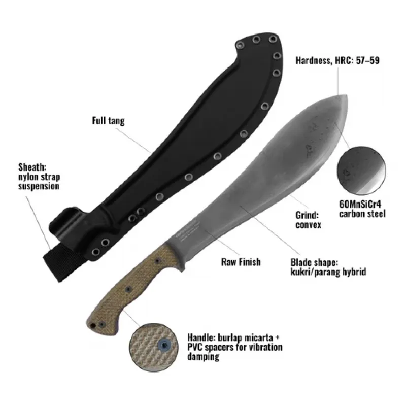 BPS Knives Traverse Field Machete - 10.83" 60MnSiCr4 High Toughness Carbon Steel Burlap Micarta Handle Cyclaire Knives and Tools
