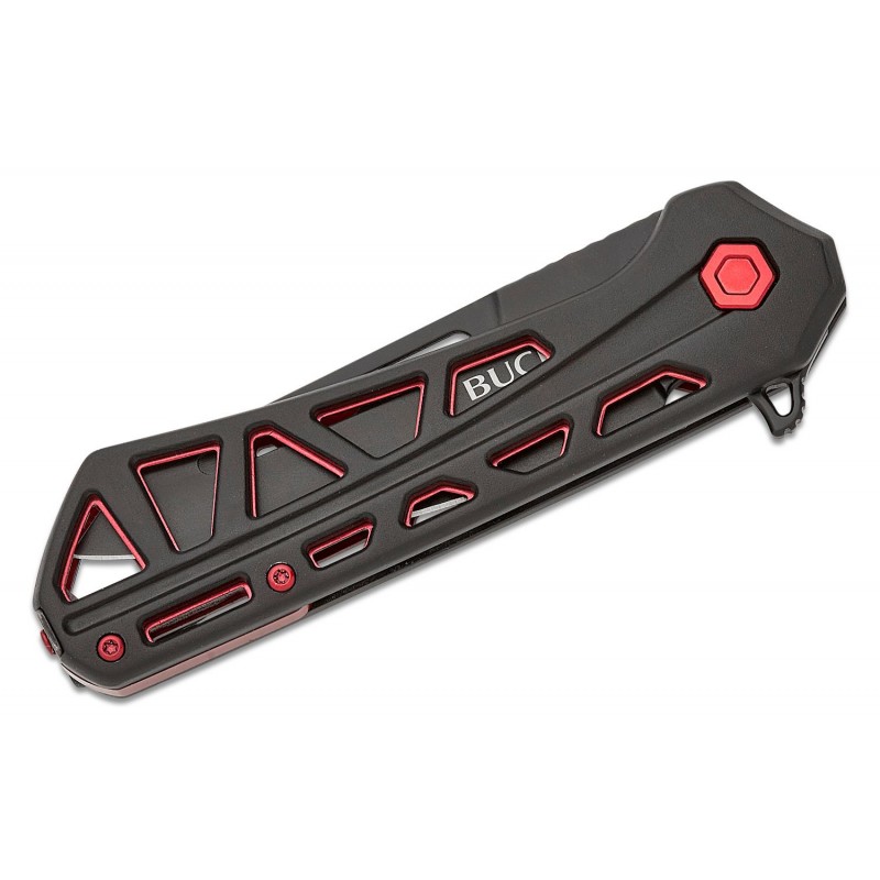 Buck 811 Trace Ops Folding Knife - 3.23" Reverse Tanto Blade Skeletonized Black and Red Aluminum Handle