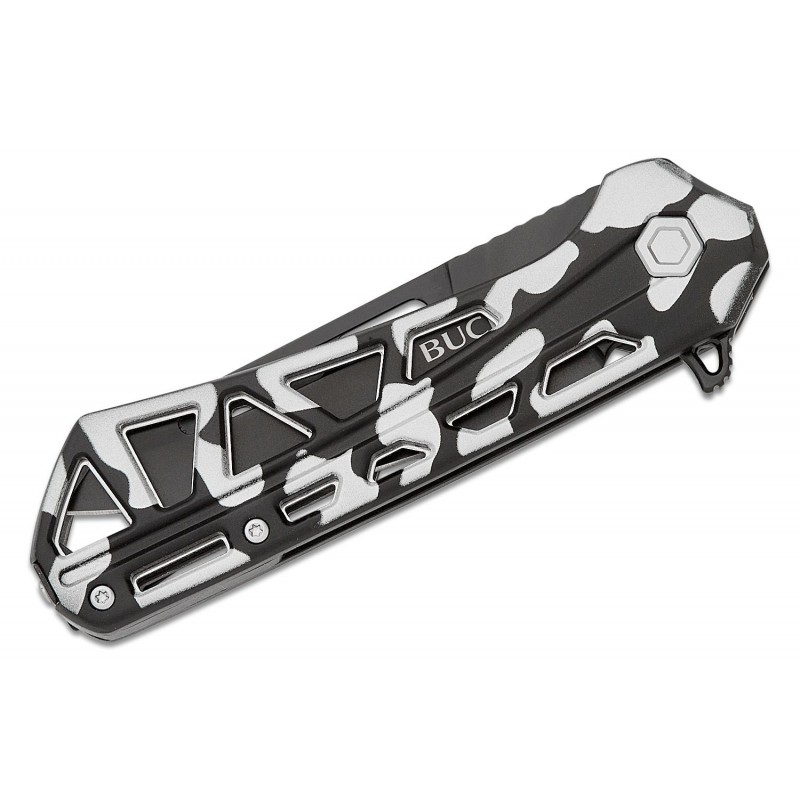 Buck 811 Trace Ops Folding Knife - 3.23" Black Reverse Tanto Blade Skeletonized Black and White Camo Aluminum Handle