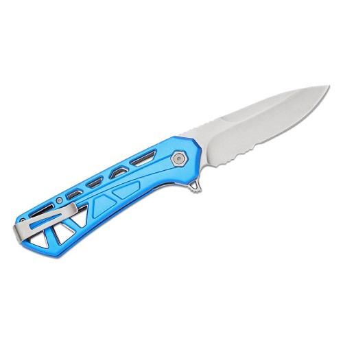 Buck 812 Trace Folding Knife - 3.23" Stonewashed Combo DP Blade Skeletonized Blue Aluminum Handle
