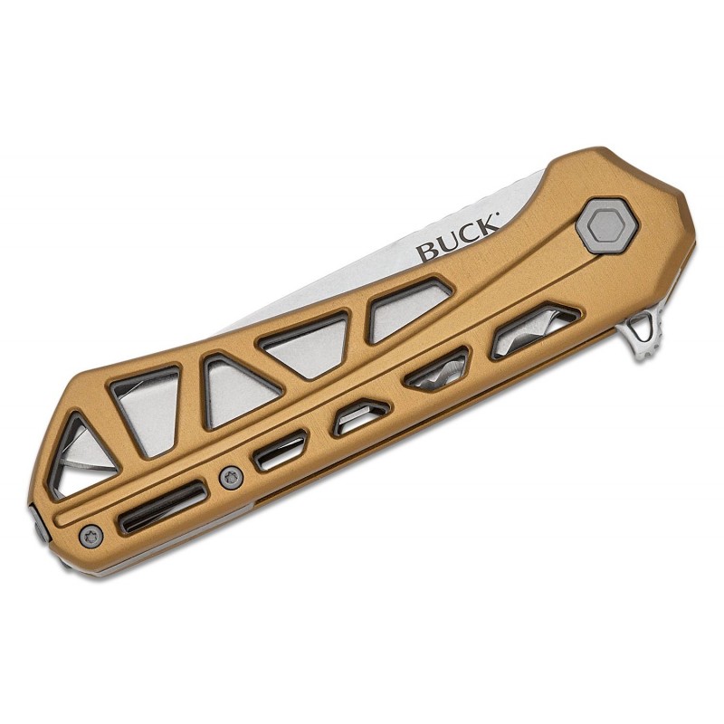 Buck 812 Trace Liner Lock Folding Knife - 3.23" Stonewashed Combo DP Blade Skeletonized Bronze Aluminum Handle