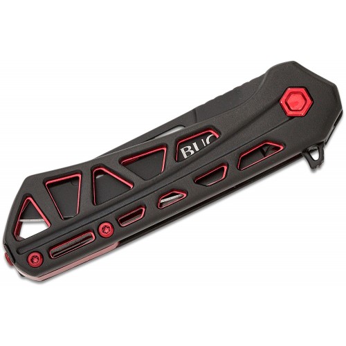 Buck 813 Trace Mini Ops Folding Knife - 2.43" Black Reverse Tanto Blade Skeletonized Black and Red Aluminum Handle