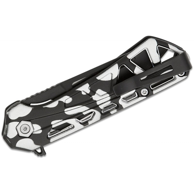 Buck 813 Trace Mini Ops Folding Knife - 2.43" Black Reverse Tanto Blade Skeletonized Black and White Camo Aluminum Handle