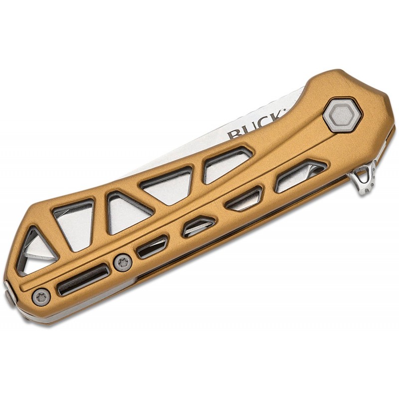Buck 814 Mini Trace Folding Knife - 2.43" Stonewashed Combo DP Blade Skeletonized Bronze Aluminum Handle