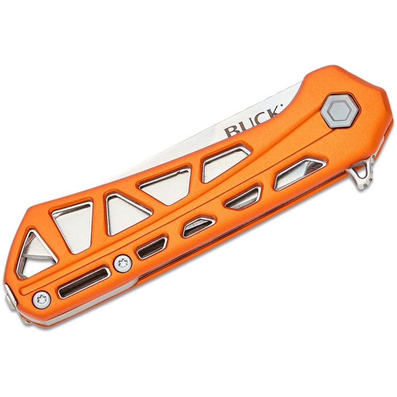 Buck 814 Mini Trace Folding Knife - 2.43" Stonewashed Combo DP Blade Skeletonized Orange Aluminum Handle