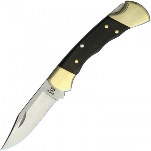 Buck 112 Ranger Finger Grooved Folding Hunter - 3" Blade Ebony Wood Handle Brass Bolsters 