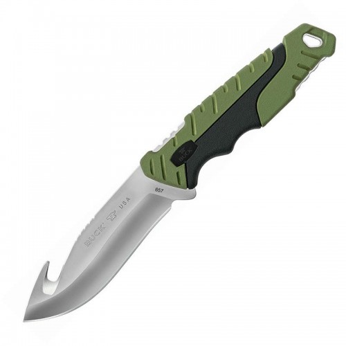 Buck 657 Large Pursuit Fixed Blade Knife with Gut Hook Green GRN and Rubber Handle