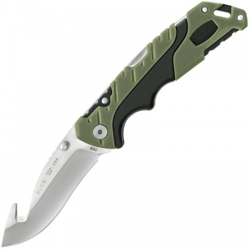 Buck 660 Large Pursuit Folding Knife with Guthook Green GRN and Rubber Handle