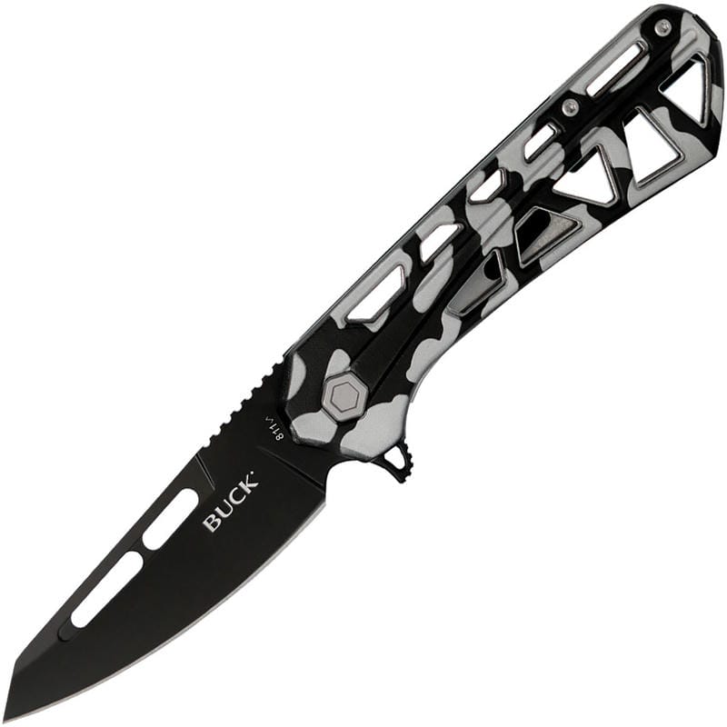 Buck 811 Trace Ops Folding Knife - 3.23" Black Reverse Tanto Blade Skeletonized Black and White Camo Aluminum Handle