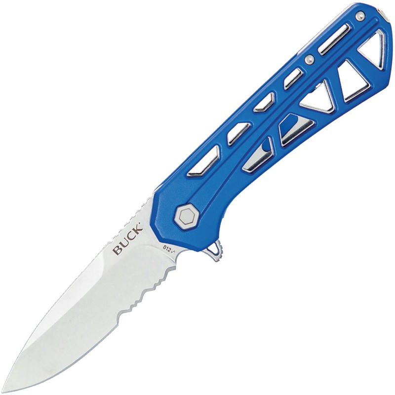 Buck 812 Trace Folding Knife - 3.23" Stonewashed Combo DP Blade Skeletonized Blue Aluminum Handle