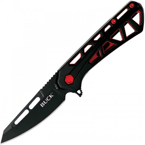 Buck 813 Trace Mini Ops Folding Knife - 2.43" Black Reverse Tanto Blade Skeletonized Black and Red Aluminum Handle