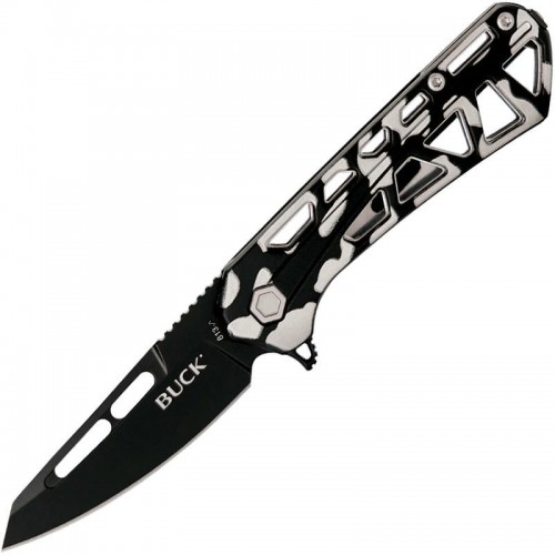Buck 813 Trace Mini Ops Folding Knife - 2.43" Black Reverse Tanto Blade Skeletonized Black and White Camo Aluminum Handle