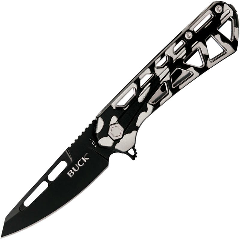 Buck 813 Trace Mini Ops Folding Knife - 2.43" Black Reverse Tanto Blade Skeletonized Black and White Camo Aluminum Handle