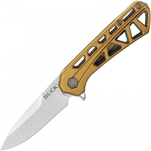 Buck 814 Mini Trace Folding Knife - 2.43" Stonewashed Combo DP Blade Skeletonized Bronze Aluminum Handle