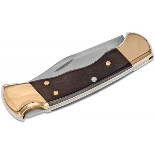 Buck 112 Ranger Finger Grooved Folding Hunter - 3" Blade Ebony Wood Handle Brass Bolsters 