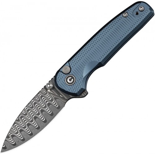 CIVIVI Mini Shakan Folding Knife - 2.48" Damascus DP Blade Blue Machined Aluminum Handle