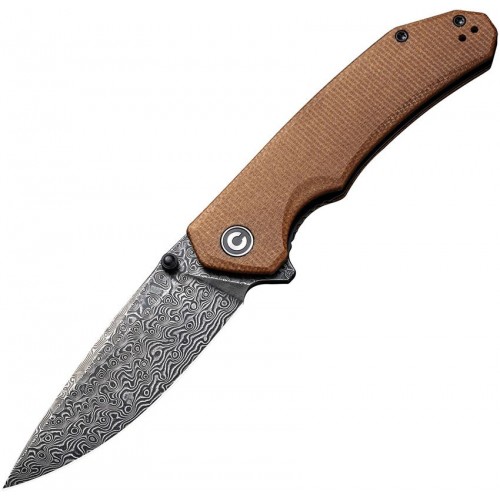 CIVIVI Brazen Liner Lock Folding Knife - 3.46" Damascus Drop Point Blade Brown Micarta Handle