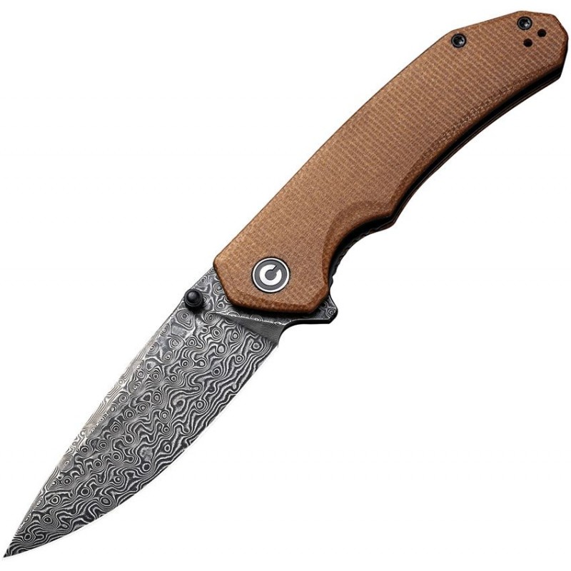 CIVIVI Brazen Liner Lock Folding Knife - 3.46" Damascus Drop Point Blade Brown Micarta Handle