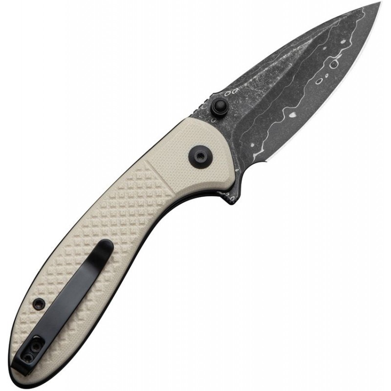 CIVIVI Faeger Button Lock Folding Knife - 2.98" Black Damascus Steel DP Blade Ivory G10 Handle