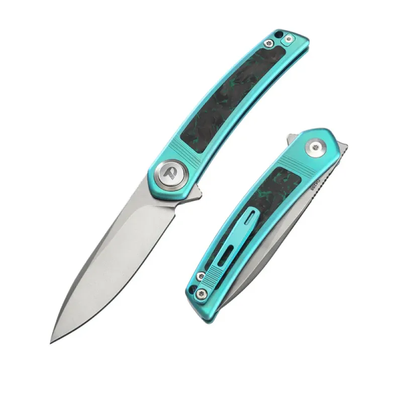 Dreamtech Knives D4288BL Folding Pocket Knife -4.13" M390 Stainless Steel Blade Teal Titanium and CF Handle Cyclaire Knives and Tools
