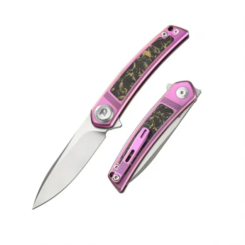 Dreamtech Knives D4288P Folding Pocket Knife - 4.13" M390 Stainless Steel Blade Pink Titanium and CF Handle