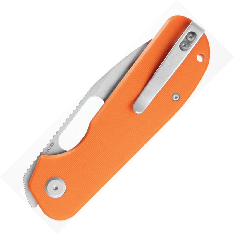 Liong Mah Designs Eutektik EFD Folding Knife - 3.5" 14C28N Stonewashed DP Blade Orange G10 Handle