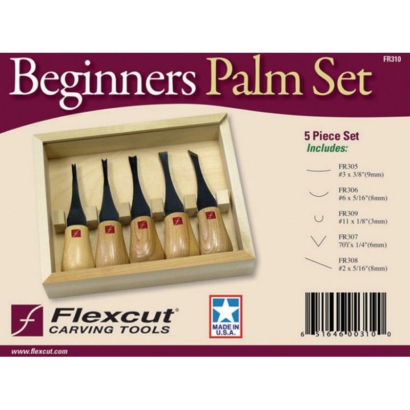 Flexcut FR310 Beginners Palm Set in Wooden Box - 5 Palm Chisels with Wooden Handles