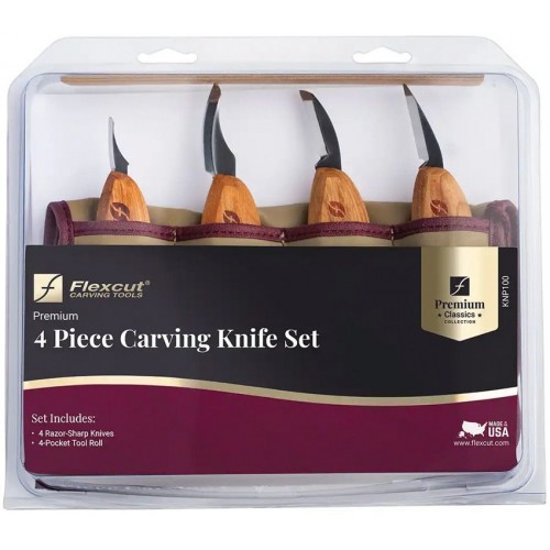 Flexcut KNP100 Premium 4 Piece Carving Knife Set with Cherry Wood Handles and Tool Roll