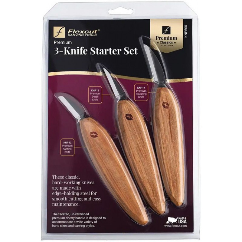 Flexcut KNP500 Premium 3 Knife Wood Carving Starter Set with Cherry Wood Handles