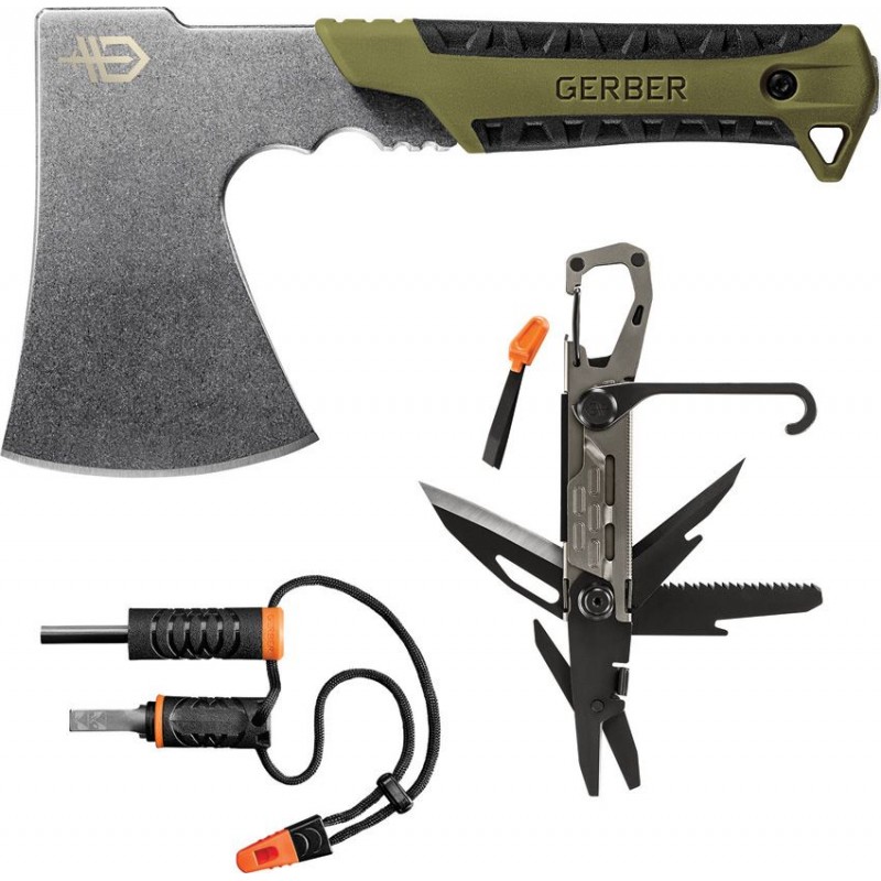 Gerber 3 Piece Camp Kit - Pack Hatchet Stakeout MultiTool and Fire Starter