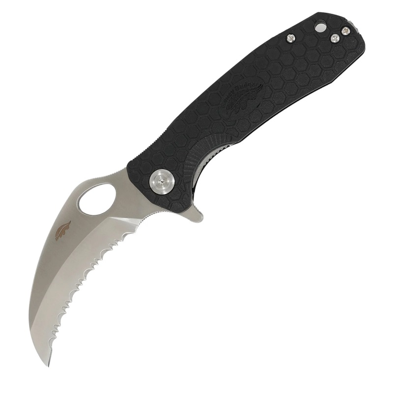 Honey Badger Medium Serrated Claw Folding Knife - 3" 8Cr13MoV Stainless Steel Claw Blade Black FRN Handle
