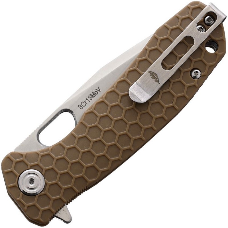 Honey Badger HB1332 Medium Folding Knife - 3.19" 8Cr13MoV Satin Tanto Blade Tan FRN Handle Liner Lock