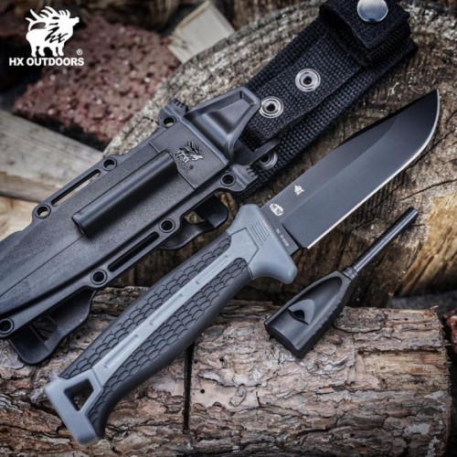 HX Outdoors Hound Grey Bushcraft Knife - 4.33" D2 Steel Blade with Firesteel and Sheath